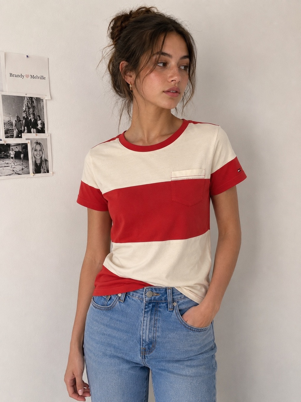 Tommy Hilfiger Red White Colorblock Tee Womens XS Fitted Preppy Youth M